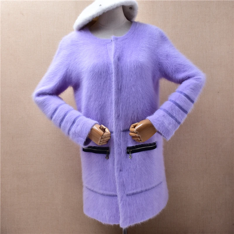 

Женский осенне-зимний модный фиолетовый вязаный свитер-жакет средней длины из кашемира и меха норки с длинными рукавами