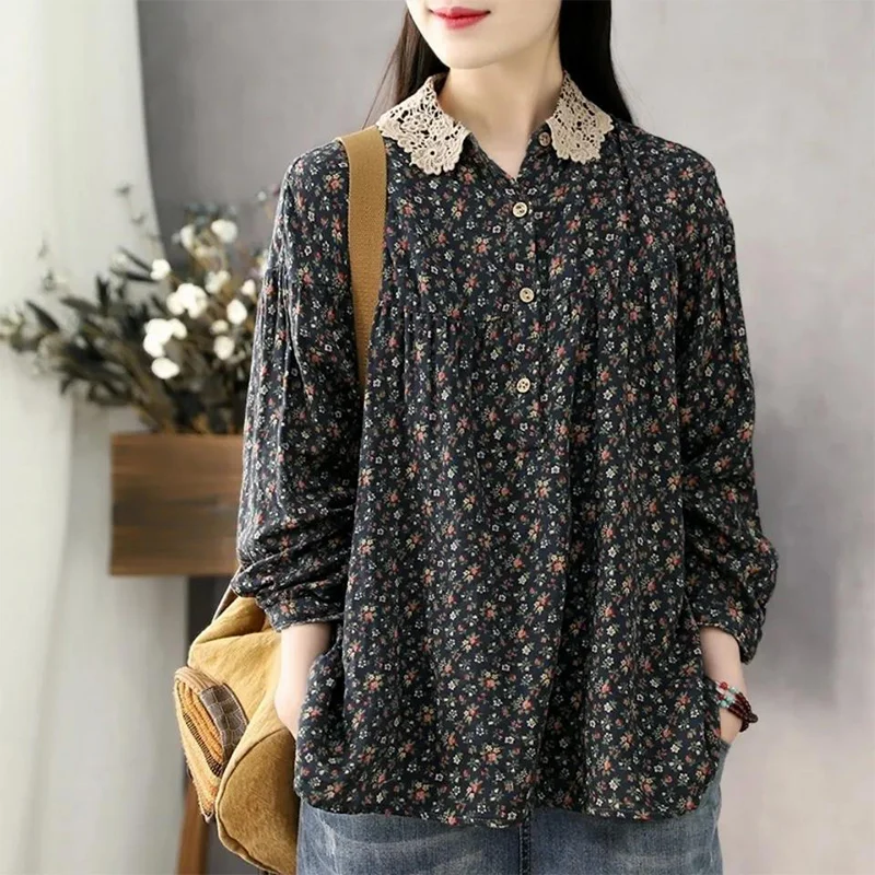 Spring Autumn Lace Patchwork Doll Collar Floral Print Shirt Ladies Literary Vintage Long Sleeve Cotton Blouse Top Female Clothes