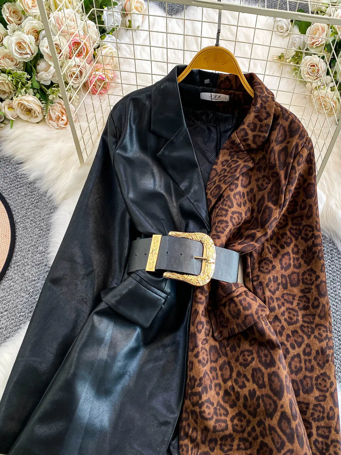 Sli imprimé léopard Patchwork cuir Jaet femmes hiver minceur Vintage taille-collant Faionable vêtements d'extérieur