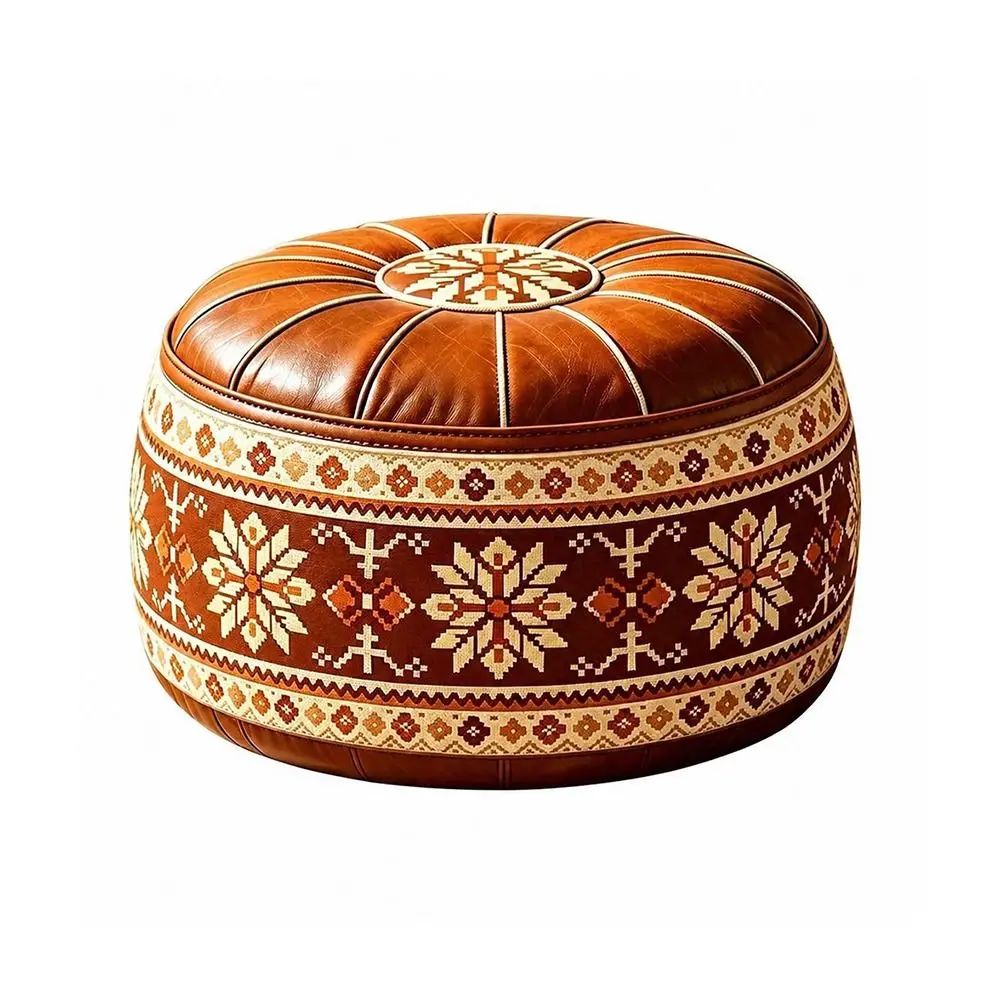 PU Leather Fillable Ottoman Pouf Embroidered Pattern Moroccan Style Storage Ottoman Round Shape Floor Seat Cushion Living Room