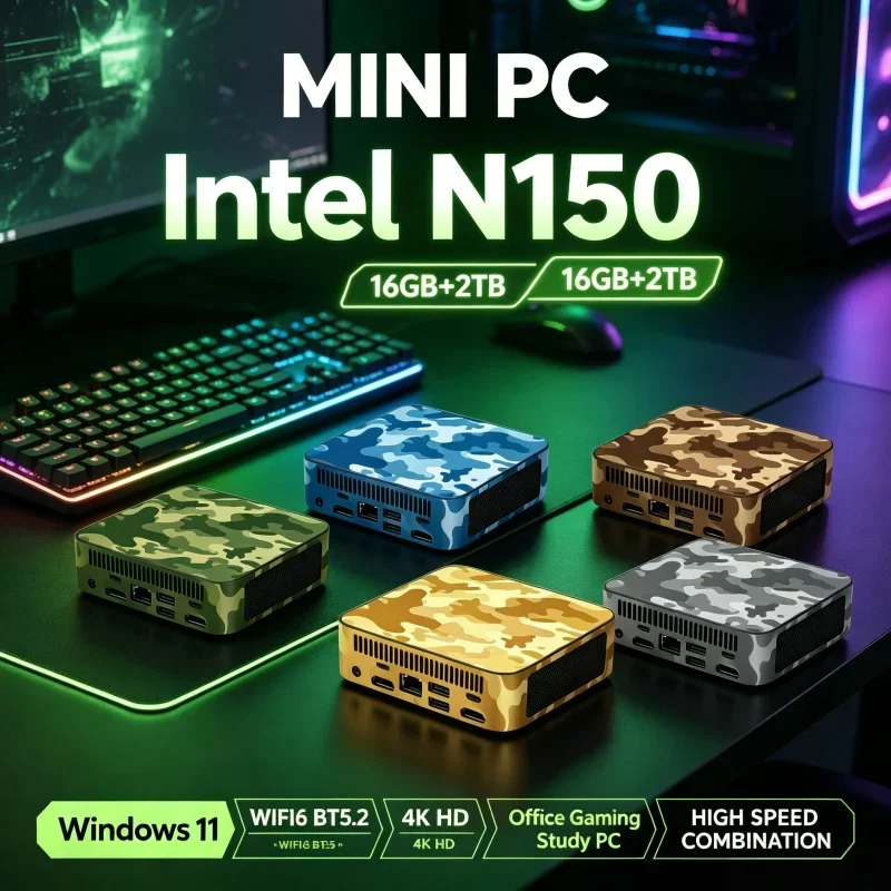 Intel N150 Camouflage Mini PC Host 16GB RAM Optional 1TB/2TB SSD Windows11 WiFi6 BT5.2 Compact Mini Desktop Host For Home Office
