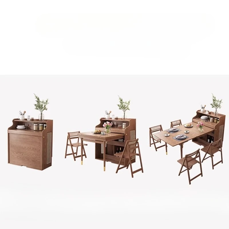Walnut dining table folding telescopic household small apartment dining table invisible storage side cabinet multi-functional