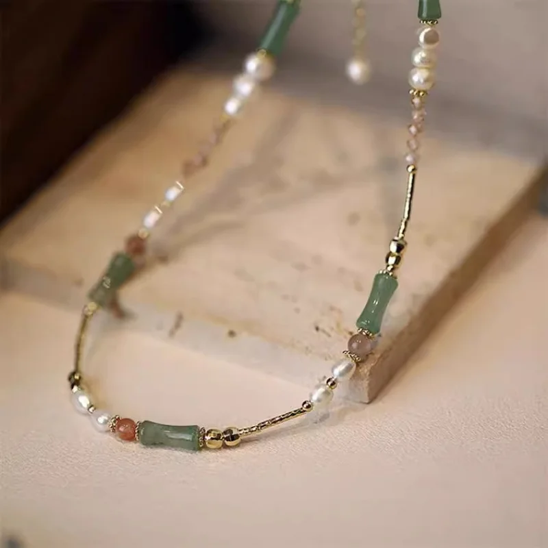 

Ожерелье с пресноводным жемчугом и бамбуковым узлом, элегантное интернет-знаменитости, модное ожерелье из натурального камня, лазерная медная бусина, дизайн Sense C