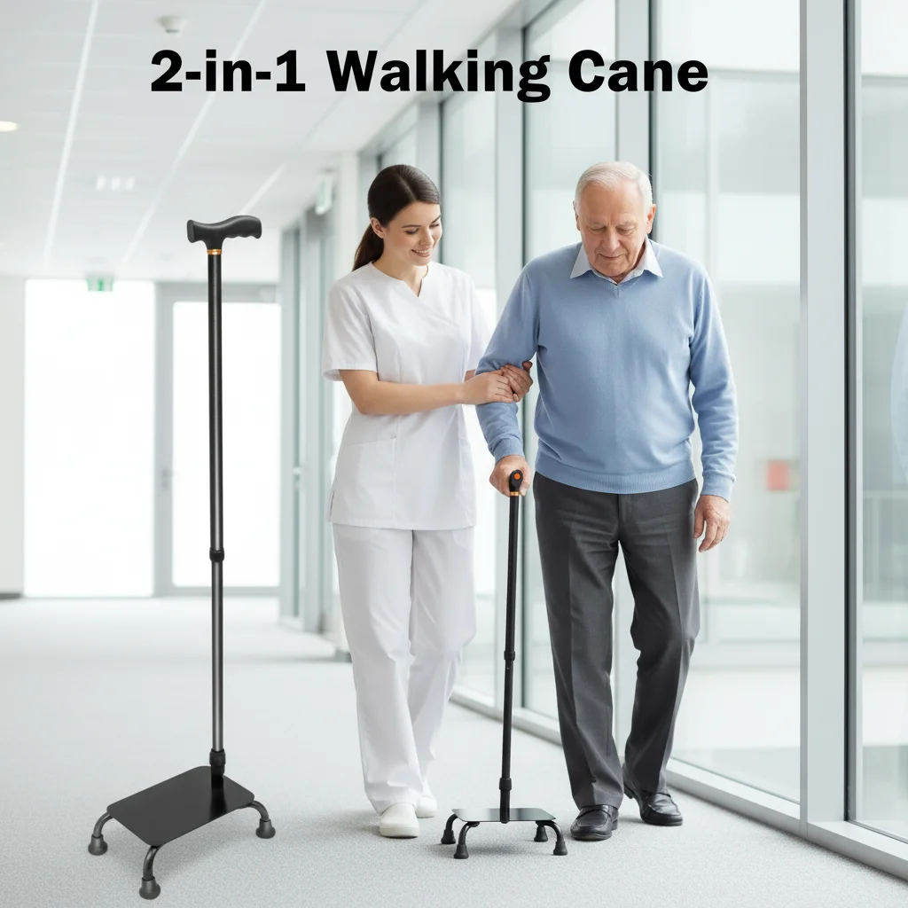 

2-in-1 Walking Cane Stair Climbing Assist Stick Adjustable Height Non-slip Cane 150kg Load-Bearing Four-Legged Mobility Aid
