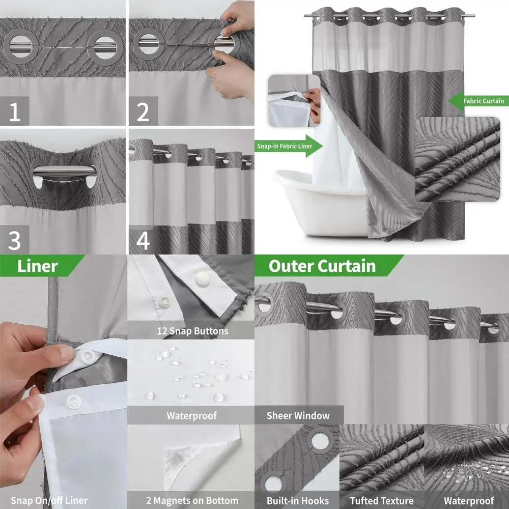 

Grey Boho Style Shower Curtain Set with Waterproof Liner and Tufted Striped Texture