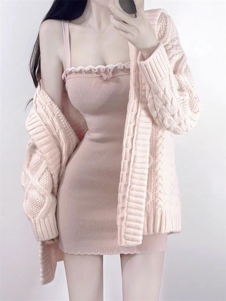 2023 Winter Pink Kawaii Knitted Dress Set Sexy Bodycon Suit Casual Long Sweater Cardigan + Slim Y2k Mini Skirt Woman Korean Chic