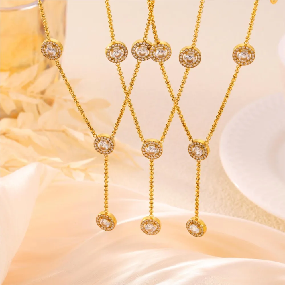 Длинное элегантное ожерелье из нержавеющей стали для женщин, новое круглое роскошное ожерелье с подвеской со стразами, невыцветающие ювелирные изделия, оптовая продажа