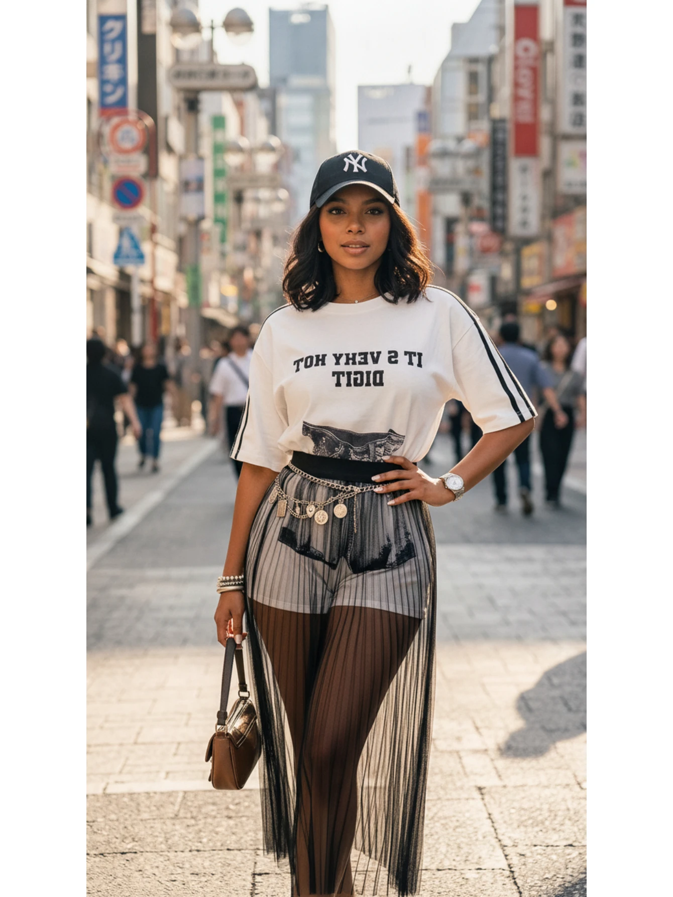 Women's Short Sleeve Letter Print Top Two‑Piece Set Striped Detail Sheer Mesh Pleated Long Skirt Casual Ladies Suit