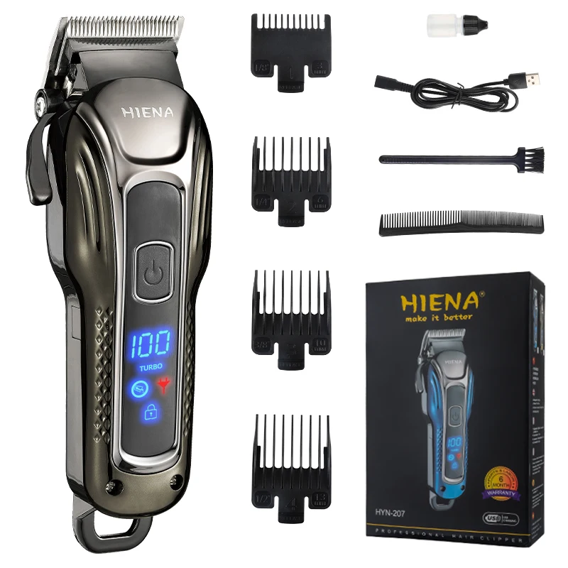 HIENA Professional fryzjerska maszynka do strzyżenia włosów inteligentny wyświetlacz wykończenie maszyna do ścinania włosów elektryczna maszynka do strzyżenia włosów prowadnica ograniczająca grzebień golarka