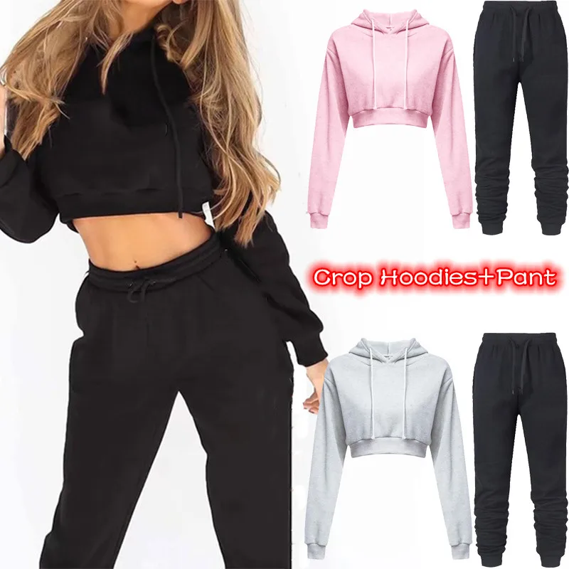 Women's Long Sleeve Hoodie, Casual Sweatshirt, Crop Top, Pant Tracksuit