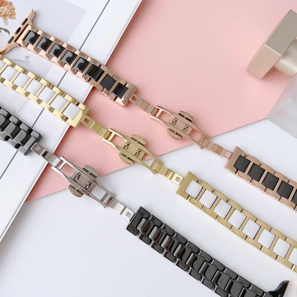 Slim Metal+Ceramic Strap for Apple Watch Band 41mm 44mm 45mm 42mm 46mm 49mm Stainless Steel Bracelet iWatch UItra 10 9 8 7 6 5 4