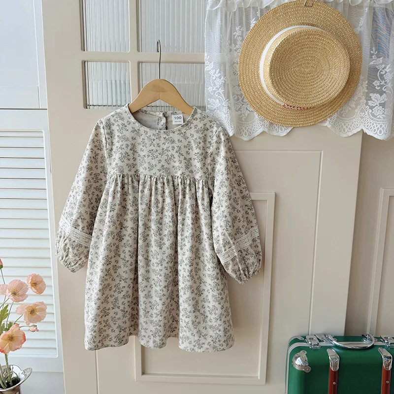 

Children's Round Neck Puff Sleeve Lace Girls' Dress2025Autumn New Floral Loose Long Sleeve Children's Dress