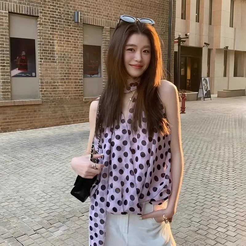Damska Odzież Letnia Moda Koreańska Kropka Jednolity Kolor Dekolt V Damska Uniwersalna Modna Wyszczuplająca Bez Rękawów Top na Ramiączkach