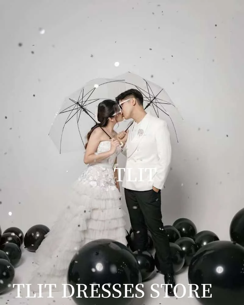 فستان زفاف TLIT أنيق أبيض متدرج من التول بدون حمالات فساتين حفلات كورية فستان الزفاف صور تبادل لاطلاق النار مخصص مشد الظهر