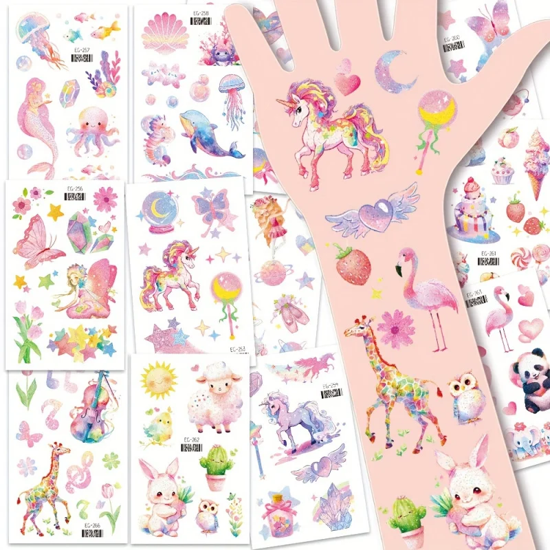 12-piece waterproof glittery pink unicorn and mermaid cartoon animal temporary tattoo set-butterfly, fairy, rabbit, Flamingo,