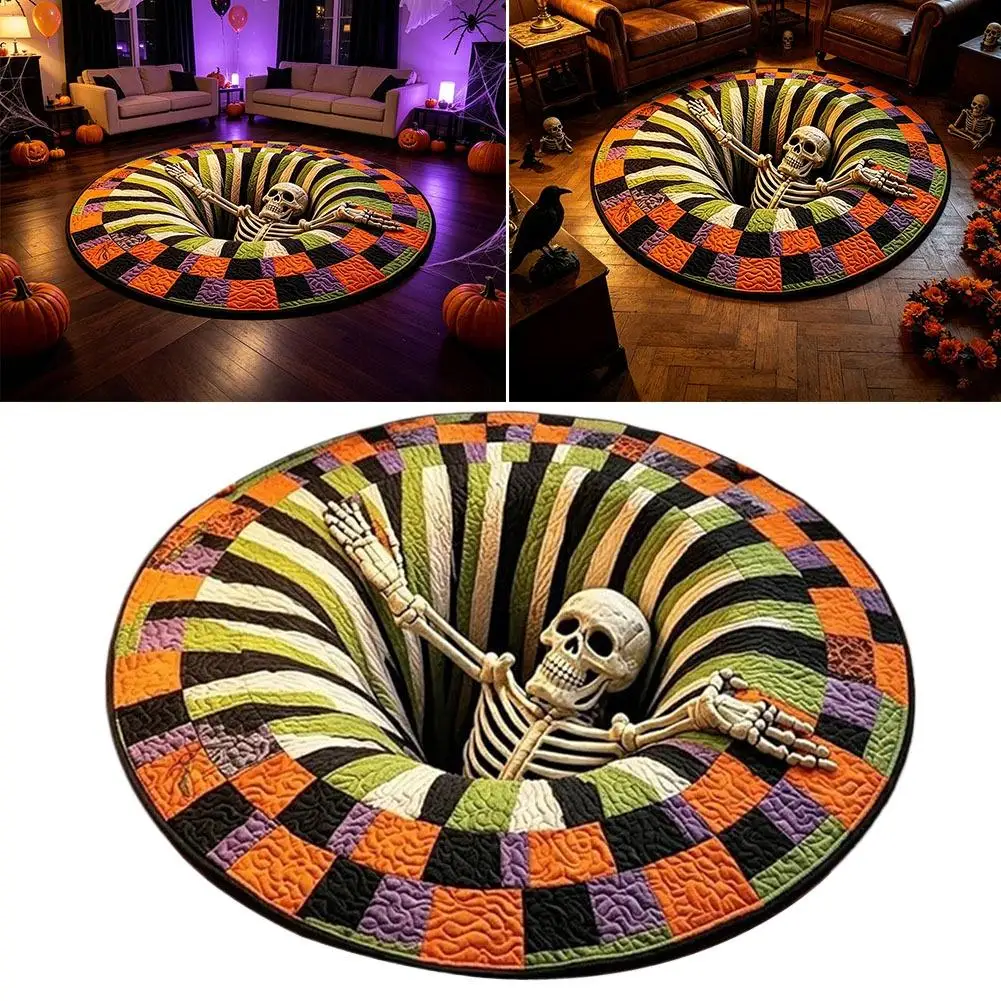 3D Illusion Vortex Skull Print Round Rug Movie Room Bedroom Anti Slip Horror Theme Floor Mat Halloween Vintage Ghost Carpet