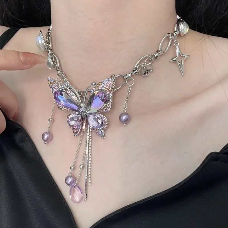 Luxury Lightweight Purple Crystal Embellished Butterfly Fringed Necklace Women Trendy Niche Sweet Cool Design Sensibility