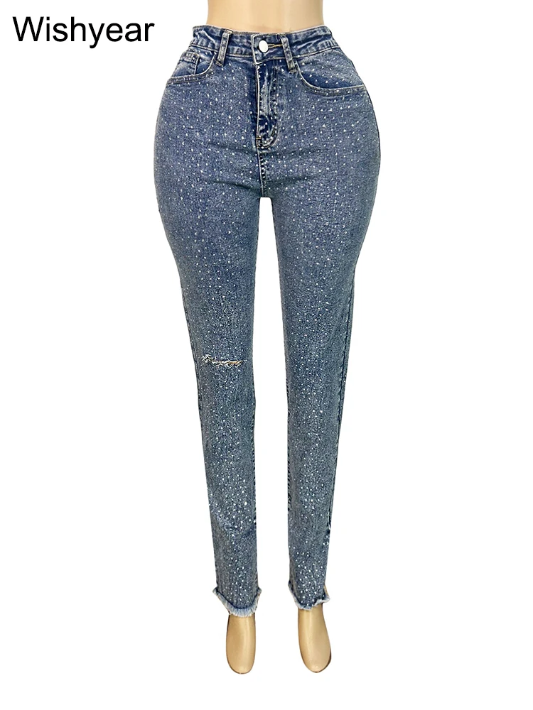 أزياء نحيل جينز سترتش للنساء الفاخرة الماس هول سروال رصاص عالية الخصر غسلها الشارع الشهير Y2k الشارع الشهير بنطلون #5