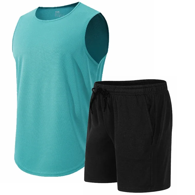 2026 Summer New Men's Fashionable Breathable Speed Drying Sleeveless Round Neck T-shirt Set Outdoor Running Sportswear