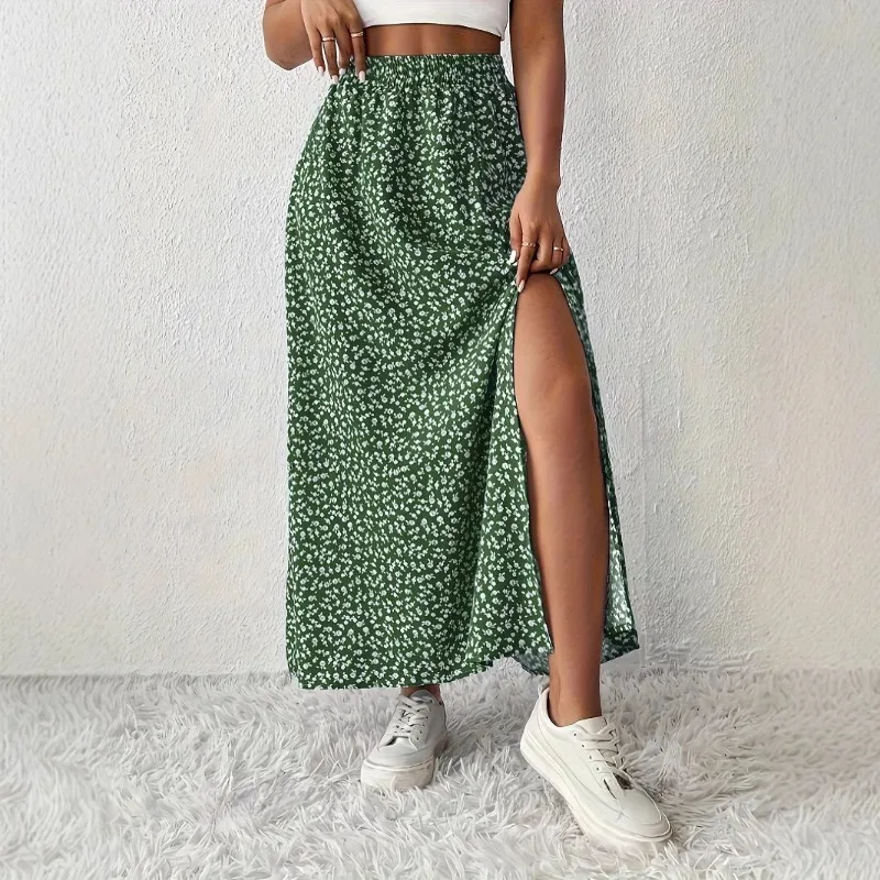 2026 Floral Print Side Slit Skirt Women Casual Beach Vacation Summer New
