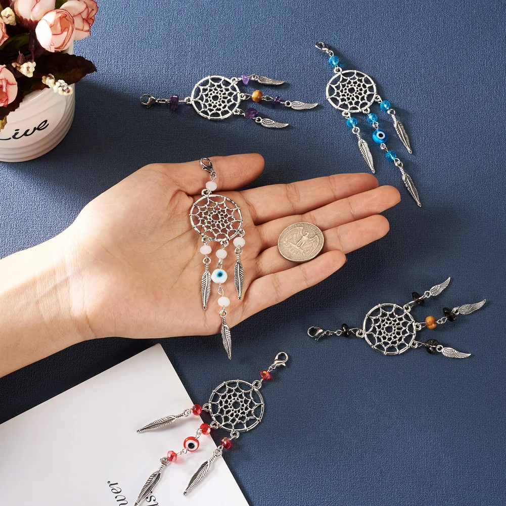1 Box Dangle Dream Catcher Gemstone Crystal Charms Pendants Feather Filigree Ethnic Hanging Ornament DIY Keychain Jewelry Making
