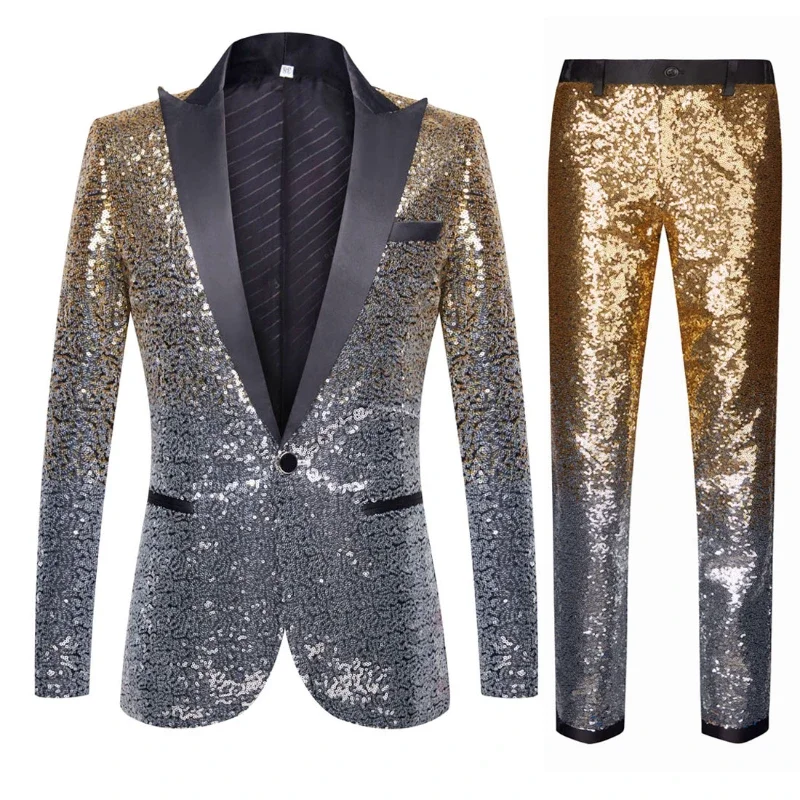 High Quality (Blazer + Trousers) Men\'s Fashion Elegant Casual Wedding Groomsmen Banquet Dance Party Sequin Costumes 2 Piece Set