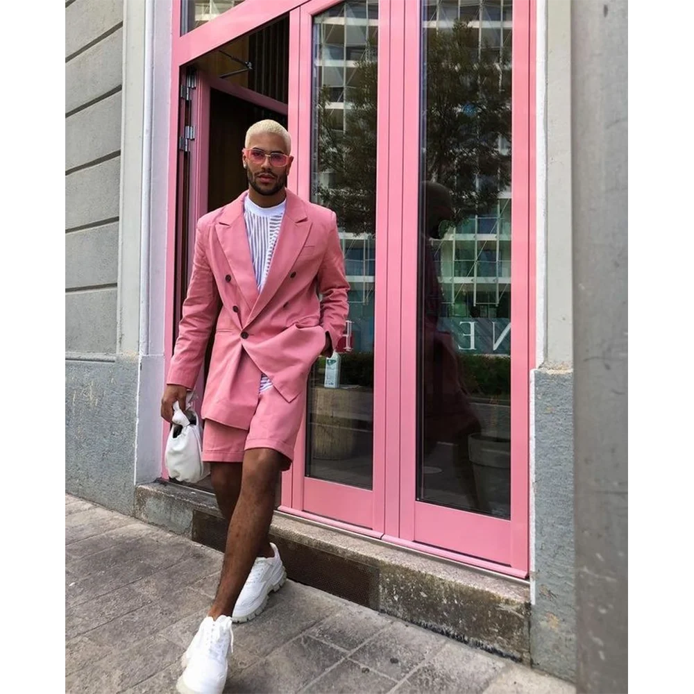 

Pink Men Suits 2 Piecs Jacket Short Pants Double Breasted Peak Lapel Wedding Groom Suits Dinner Party Clothing