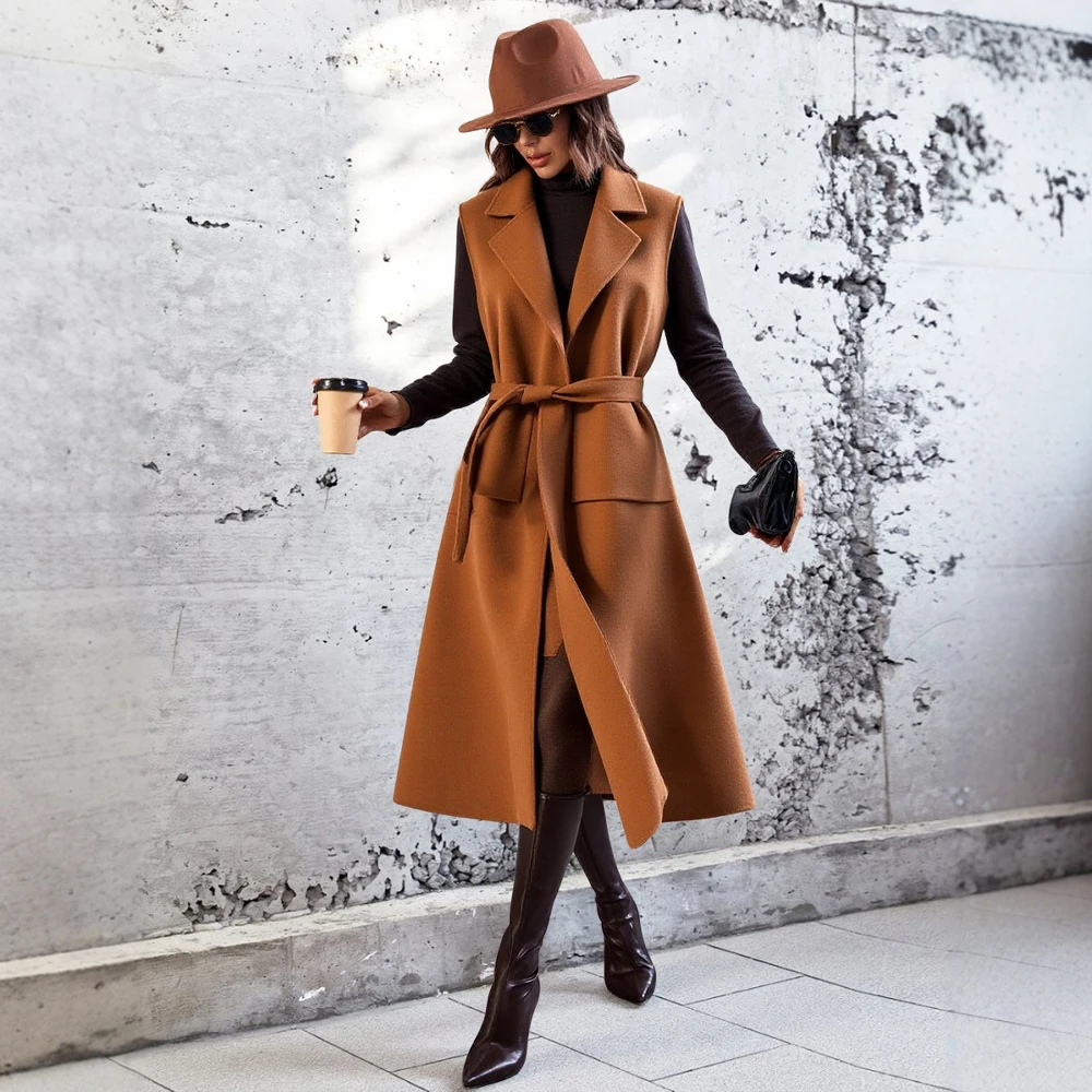 

Women's Long Vests 2025 Fall Essential Plain Color Sleeveless Design Shawl Collar Tie-Waist Slim Fit Vests