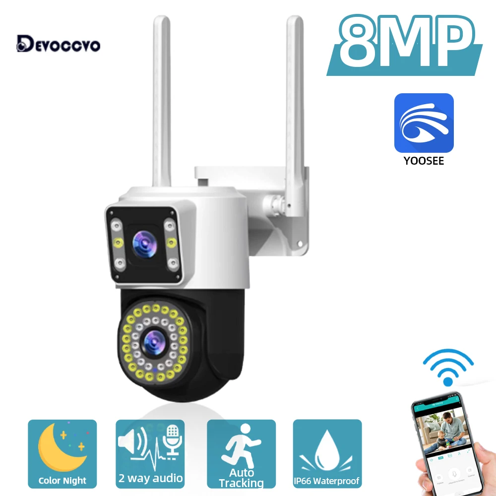 Telecamera WiFi PTZ da 8 MP 4K con doppia lente Doppio schermo Rilevazione del movimento Protezione di sicurezza esterna CCTV IP Sorveglianza a colori