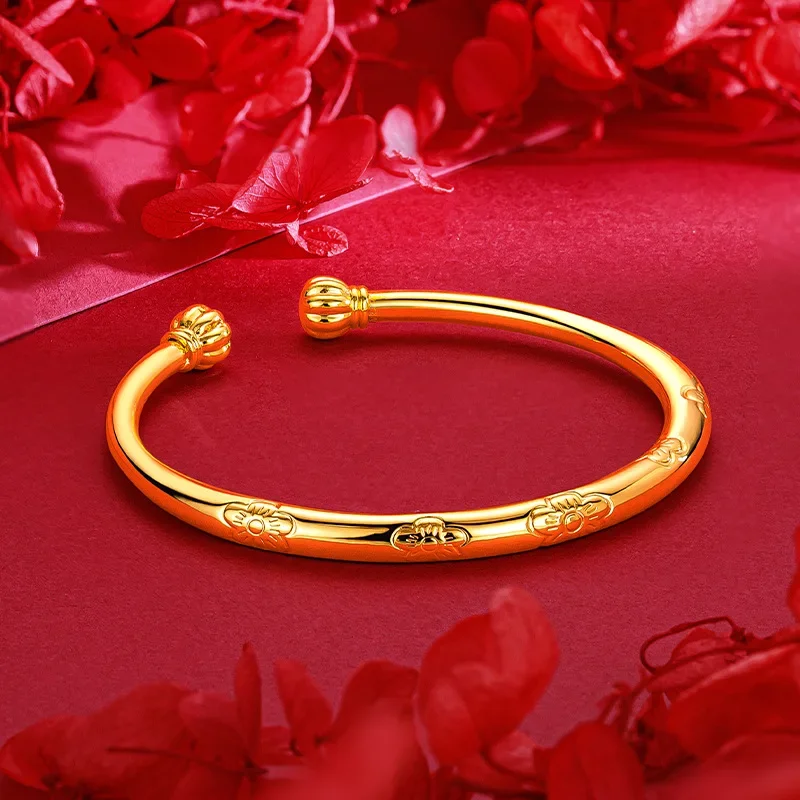 9999 Real Gold 24K New Chinese Pumpkin Head Plum Blossom Bracelet, Gold Color Adjustable Plum Blossom Women's Bracelet