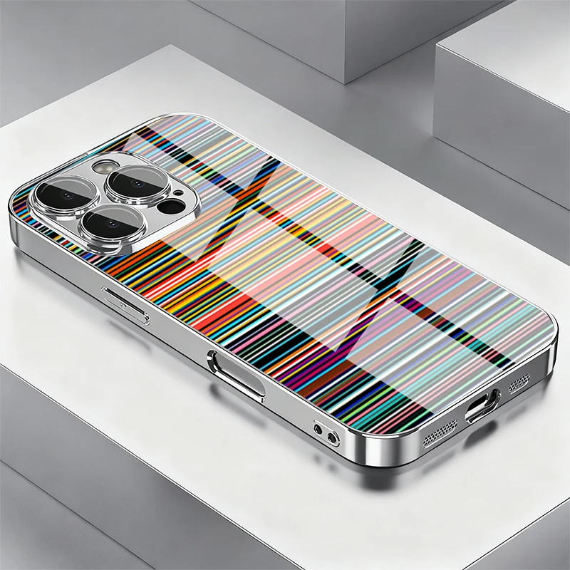 Colorful Stripes Tempered Glass Electroplated Phone Case For Samsung Galaxy S26 S25 Ultra S24 S23 Plus FE 5G Protection Cover