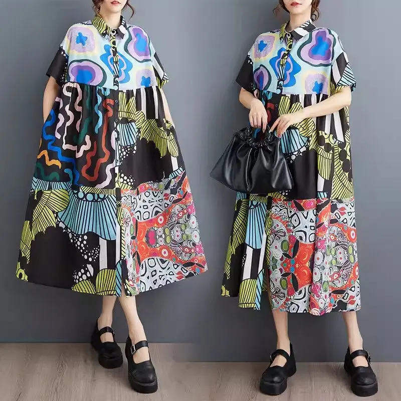 

Summer New Irregular Artistic Print Patchwork Shirt Dress Women's Short Sleeve 2024 Casual Fashion Korean Version Dress K1528