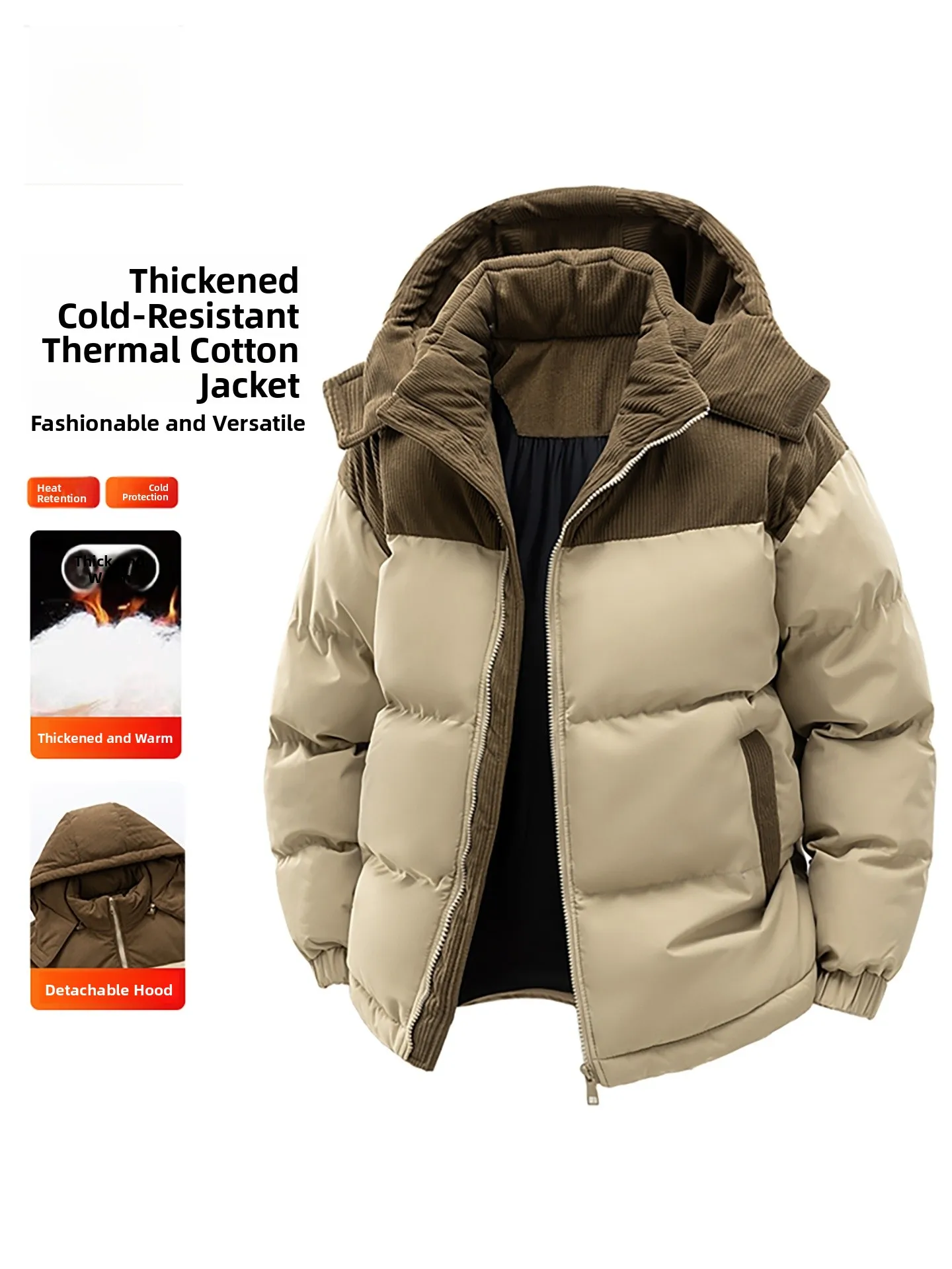 

Thiened Cold-resistant Cotton Jaet Men's Winter Youth Detachable Hat Corduroy Splicing Warm Outerwear Cotton Coat