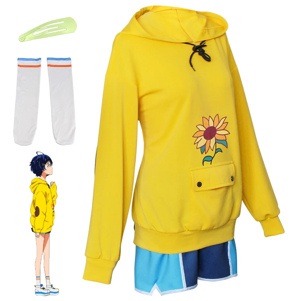 Sudadera con capucha de Anime Wonder Egg para mujer, Sudadera con capucha de Cosplay de Ohto Ai, peluca, ropa de Halloween, jersey de girasol amarillo