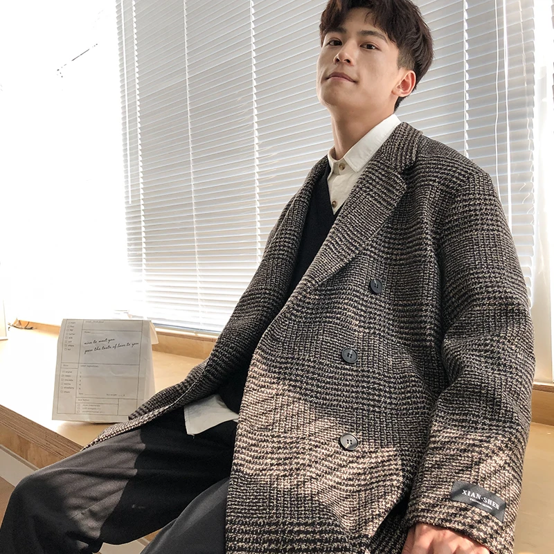 Long Winter Men\'s Coat Houndstooth Warm Wool Men\'s Long Coat Long Jackets For Winter Men 2024 New Korean Reviews Clothes