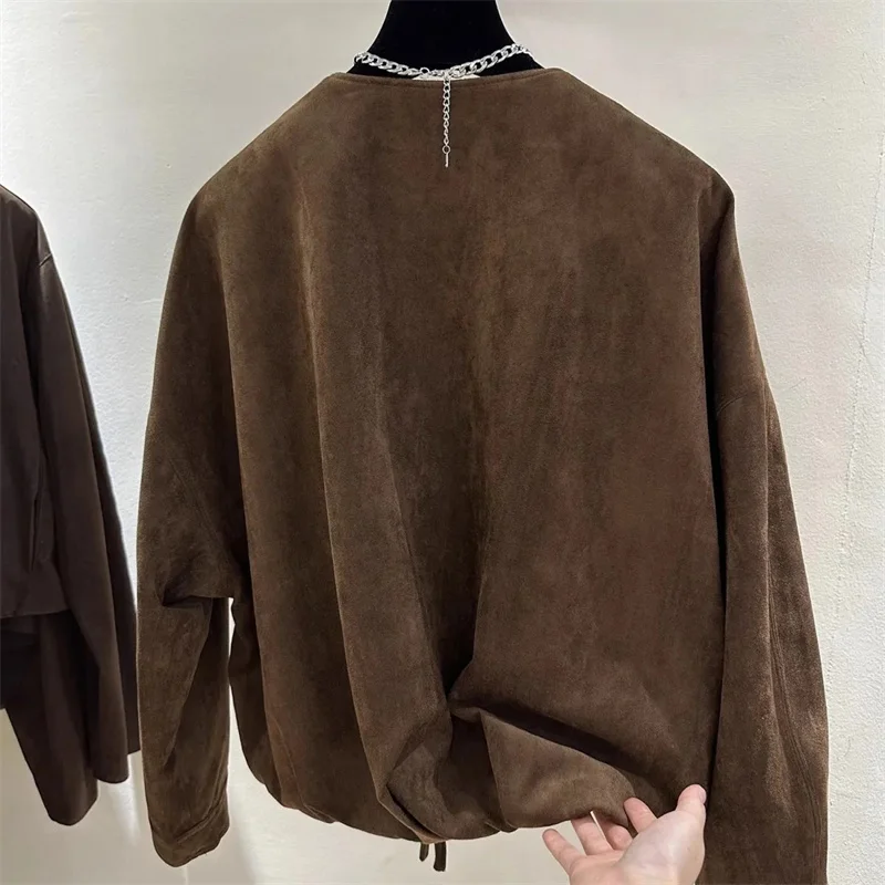 2025 أنثى موضة Lmitation الجلد المدبوغ القمم سترة ربيع الخريف المرأة الجولة الرقبة أبلى السيدات الأمريكية طويلة الأكمام معطف قصير