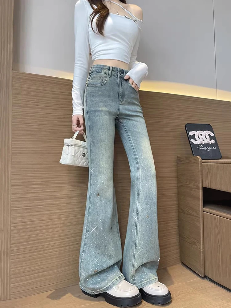 ReddaChic Rhinestone Bootcut Women Jeans Retro Y2k Star Whiskers High Waist Slim Distressed Flared Trousers Trendy Everyday Wear