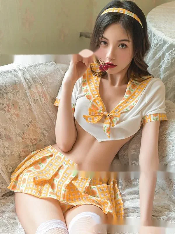 Cute Academy Style Bow Splicing Short Sleeve Lattice Pleated Skirt Set Role Play Japanese Korean School Student Clothing 4AB0