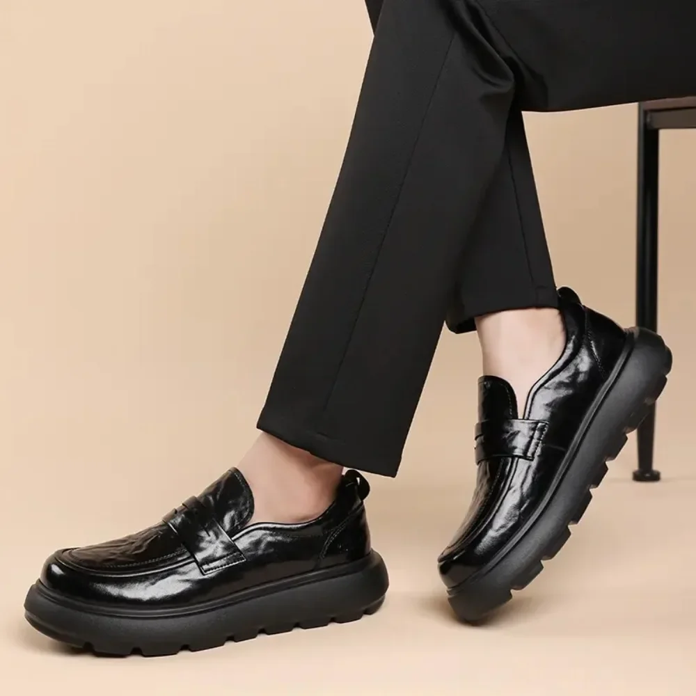 

men casual business wedding dress genuine leather shoes slip-on platform shoe black brown loafers breathable gentleman footwear