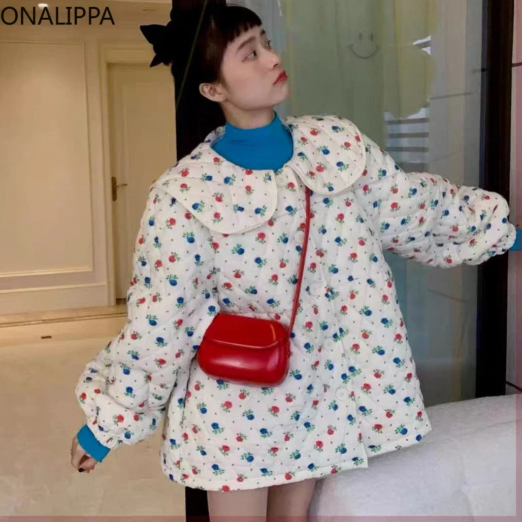 Onalippa Contrast Sweet Floral Winter Coat Peter Pan Collar Loose Single Breasted Jacket Women Korean Chic Design Quilted Coats