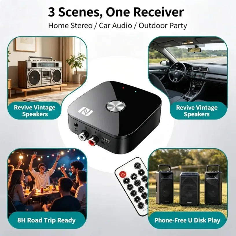 Kabelloser Audio-Adapter Bluetooth 5.3 NFC-Empfänger HiFi-Stereo RCA AUX-Ausgang 8-Stunden-Akku für Heimkino-Autolautsprecher