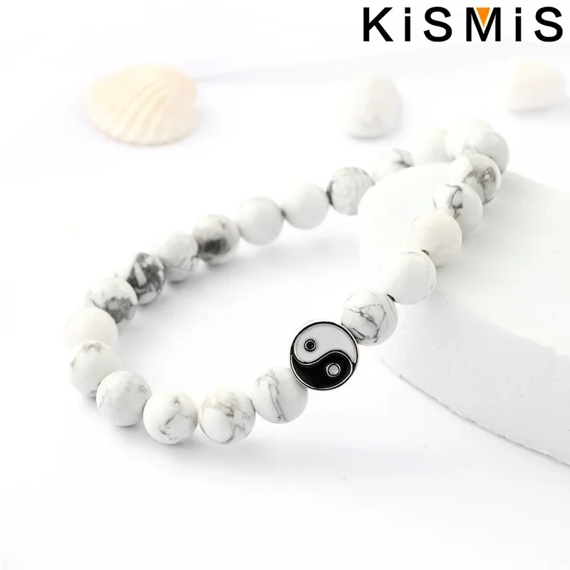 مسافة جديدة كلاسيكية الحجر الطبيعي أبيض أسود يين يانغ سوار مُزين بالخرز للرجال والنساء أفضل صديق هدية #3