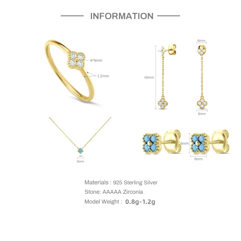 ROXI-Conjunto de joyería en forma de pétalo de circón transparente turquesa S925 para mujer, anillos de dedo, collar, pendientes de botón, kolczyki