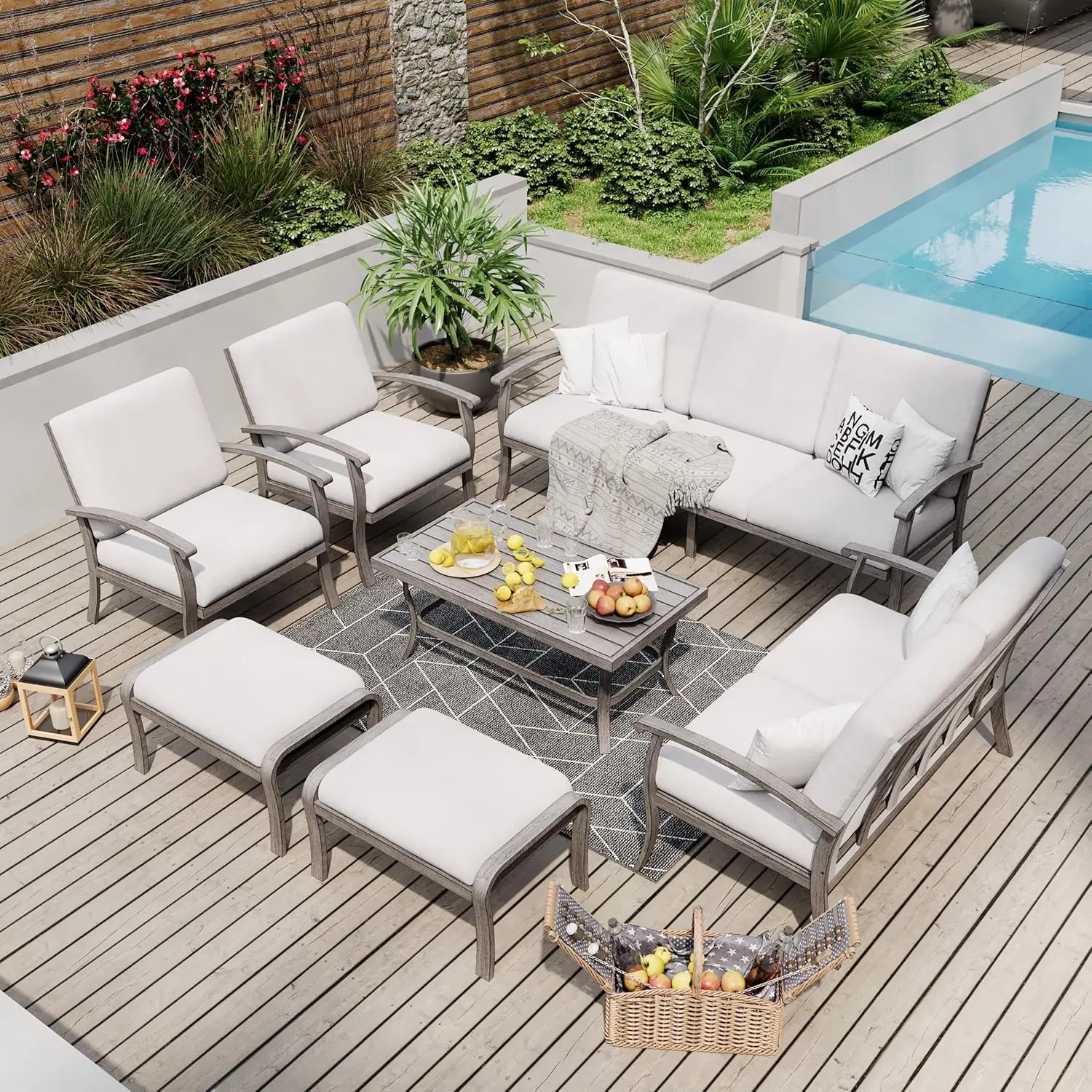 

Комплект садовой мебели из 7 предметов: алюминиевый секционный диван-софа, пуф, кофейный столик, кресла для бесед на открытом воздухе, для газона и террасы, на заказ