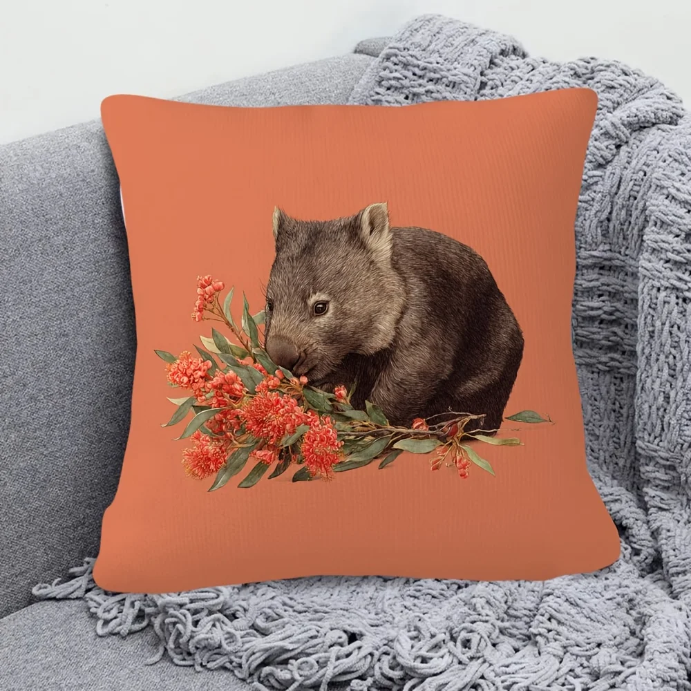 

"Wombat Pillow Cover – Australian Animal with Red Flower Design for Home Decor" Decorative sofa cushion cover