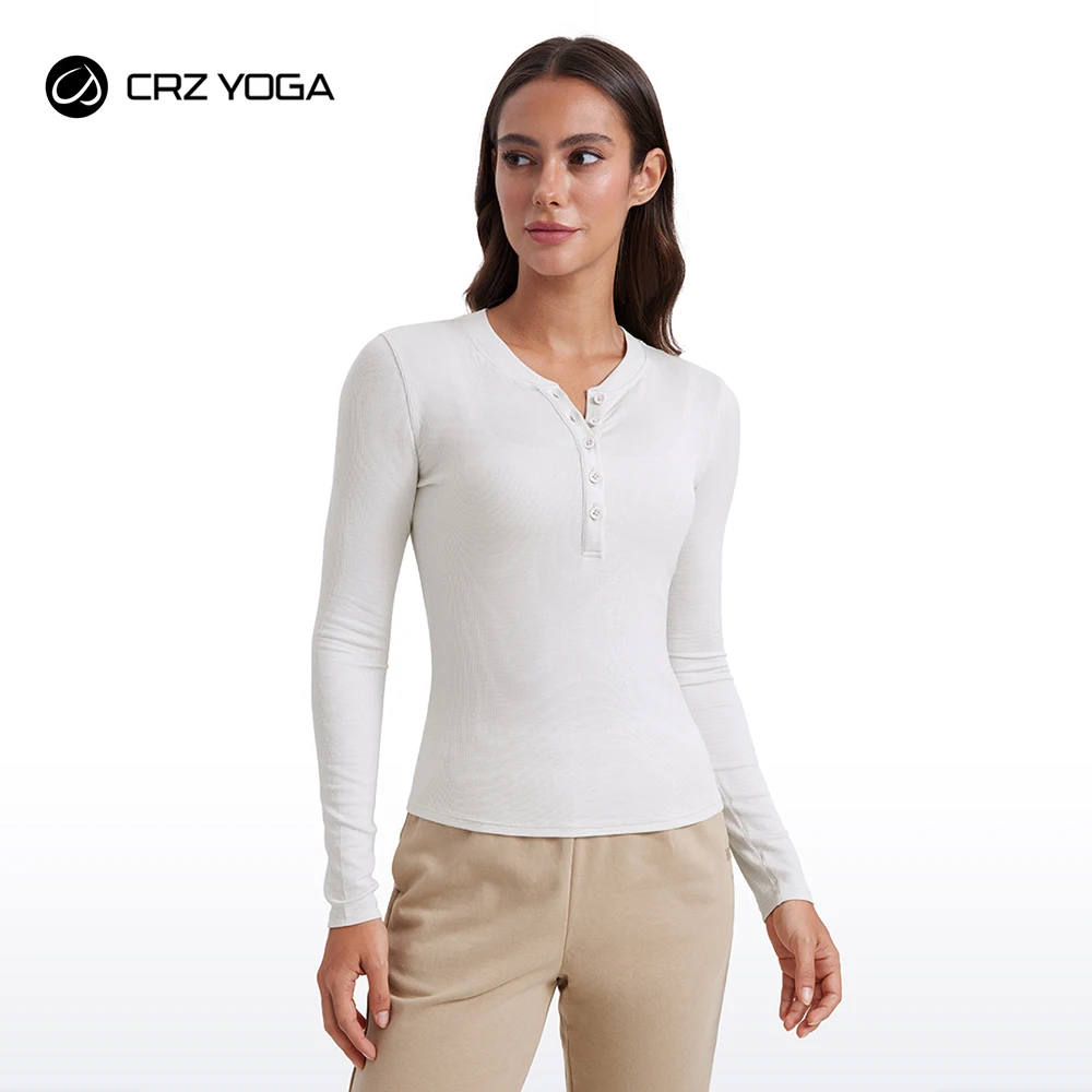 CRZ YOGA Long Sleeve Henley Shirts for Women Button Down Casual Tight Tops Soft Knit Layering Basic Fall Shirt