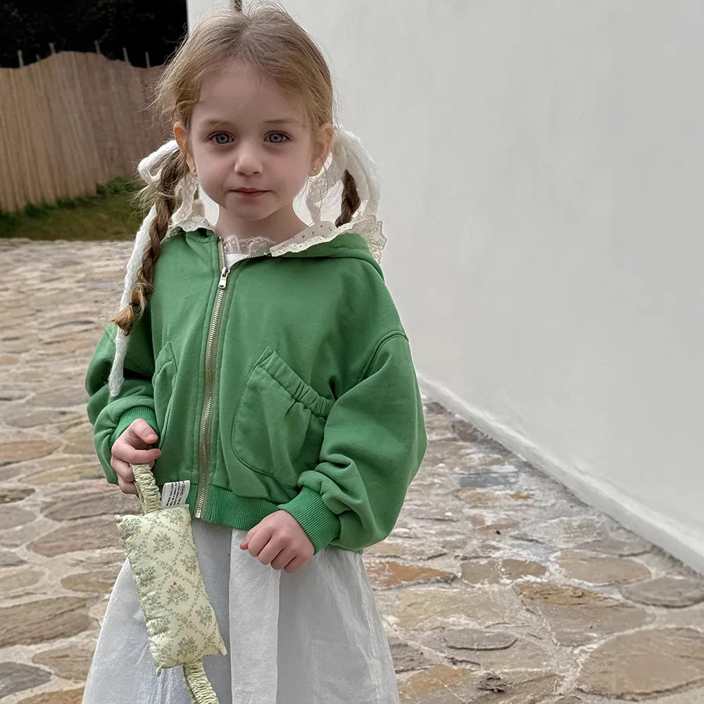 

2025 Spring New Children Long Sleeve Lace Sweatshirt Coat Cotton Girls Floral Splicing Hooded Cardigan Zipper Coat Kids Clothes