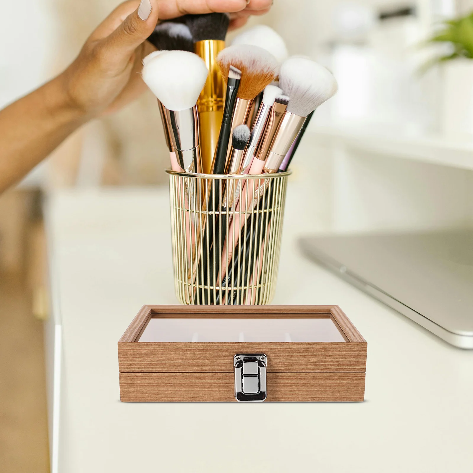 

12 Compartment Wooden Jewelry Organizer Box Glass Lid Lining Nail Art Display Box Jewelry Storage Holder Ring Earring Necklace