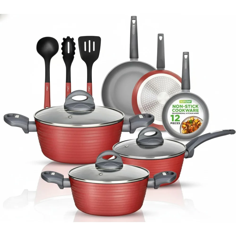 

Набор посуды с антипригарным покрытием из 12 предметов, без ПТФЭ/ПФА/ПФОС, термостойкий для здорового приготовления пищи, идеально подходит для домашних повара и семьи