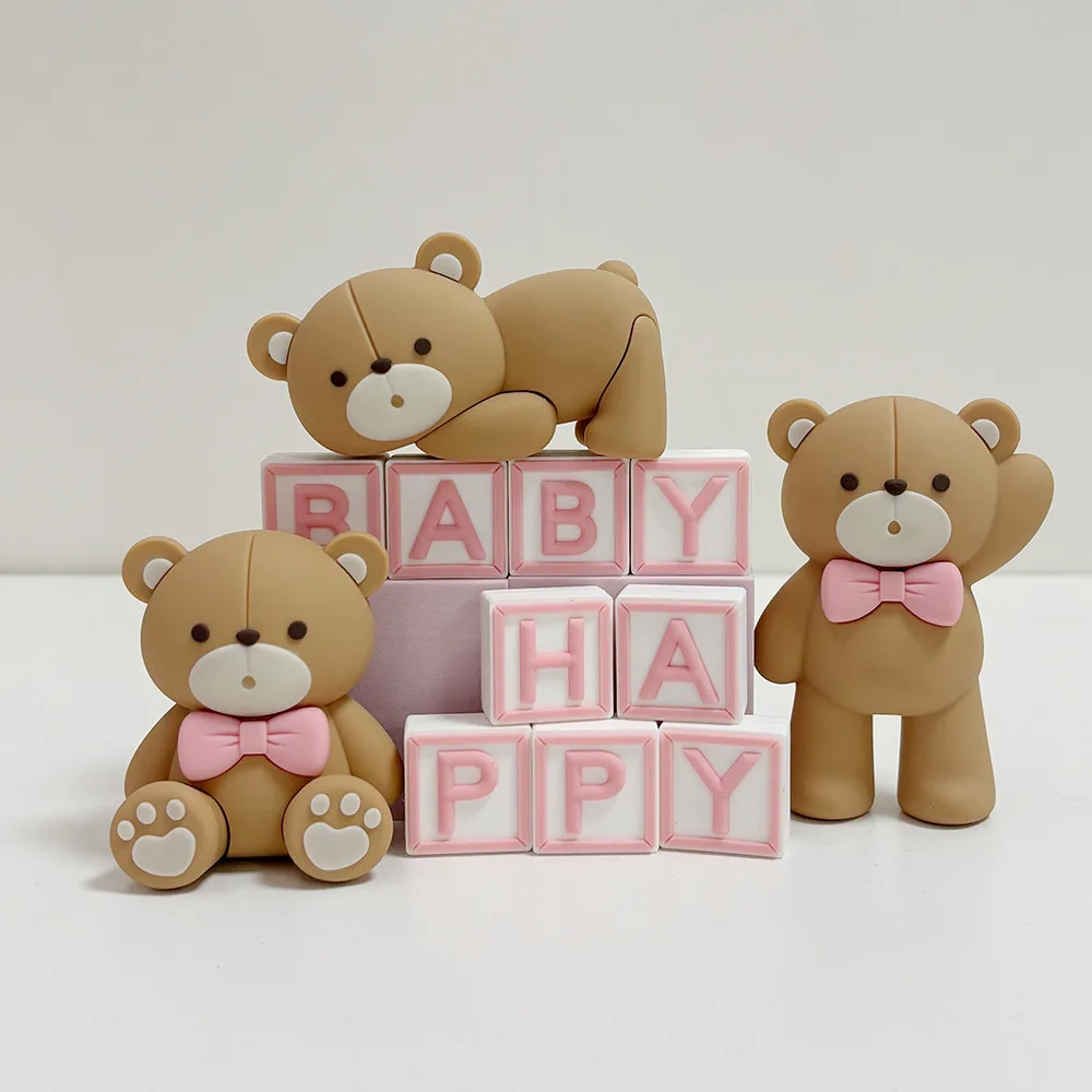 Baby Bear Cake Topper Cakecup Toppers Mini Bear Cake Decor for Birthday Baby Shower Baby Boy Party Decoration Blue Brown Pink